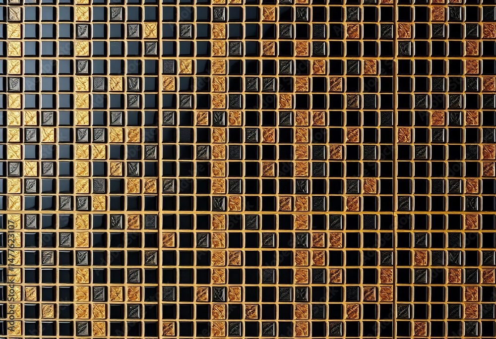 Fototapeta premium Elegant black and gold mosaic tile wall, shimmering texture, empty space, artisan, wall tiles