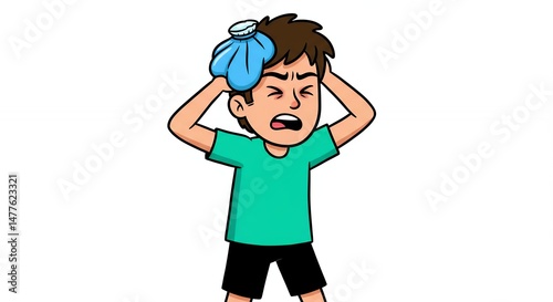 Cartoon boy with ice pack on head