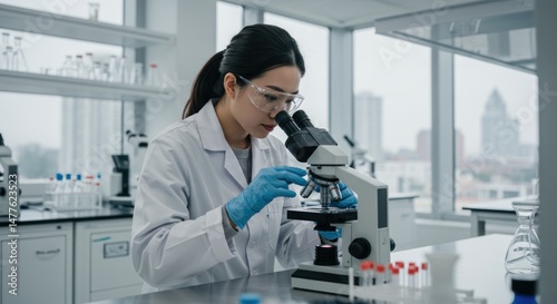 Woman in lab coat using microscope in a bright laboratory setting.