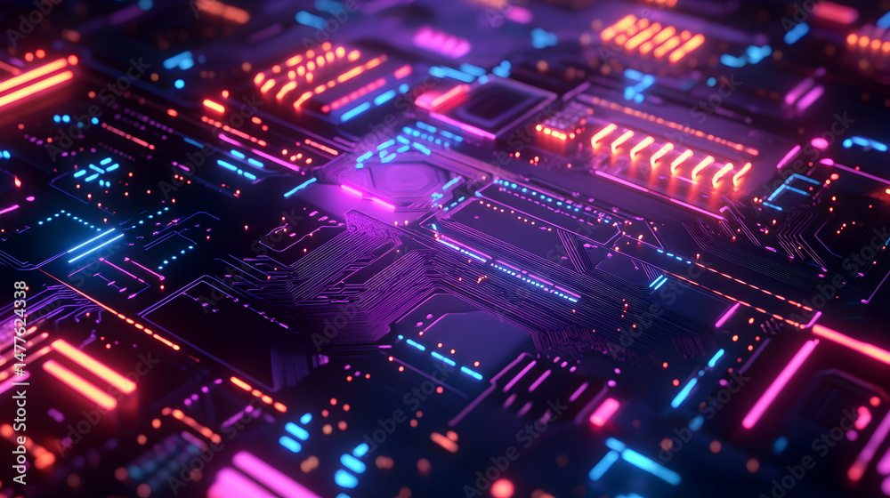 Fototapeta premium Bright Neon Circuit Board Pattern with Vibrant Colorful Lights