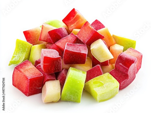 Fresh cut rhubarb cubes on white background
