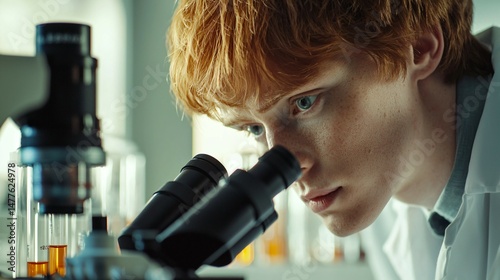 Medical lab technician analyzing blood sample under microscope, conducting research on blood disorders, with test tubes and equipment in lab setting.
