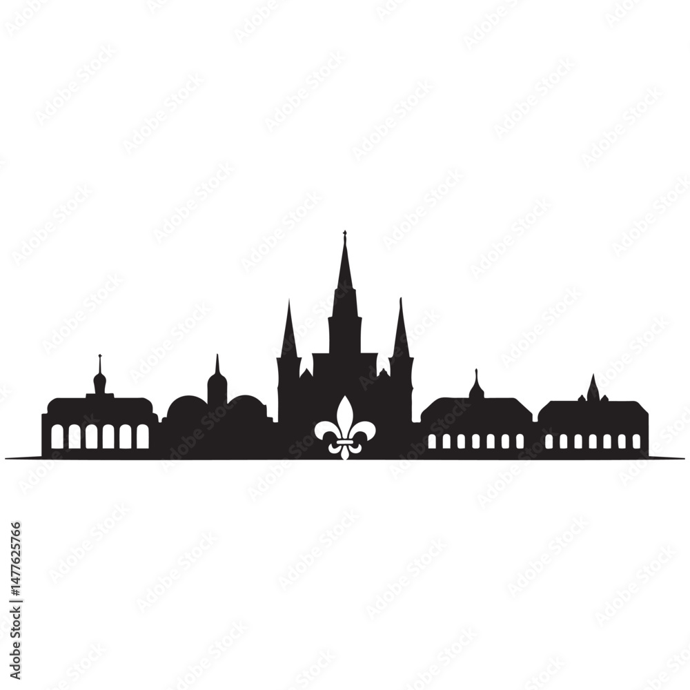 Obraz premium Vector New Orleans skyline. Travel New Orleans famous landmarks. Business and tourism concept for presentation, banner, web site. Vector black silhouette. with white background