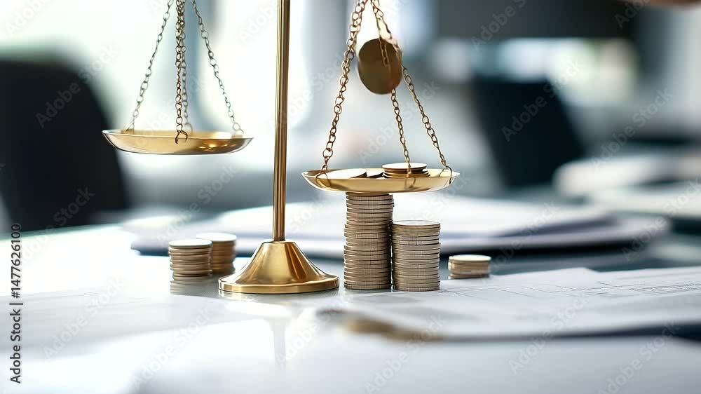 Close-up of brass scales balancing stacks of coins on one side and financial documents on the other, symbolizing the delicate balance between savings, investments, and financial pl