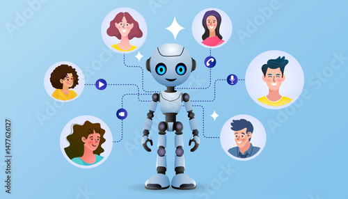 Robot connected to human avatars representing artificial intelligence and digital communication network.