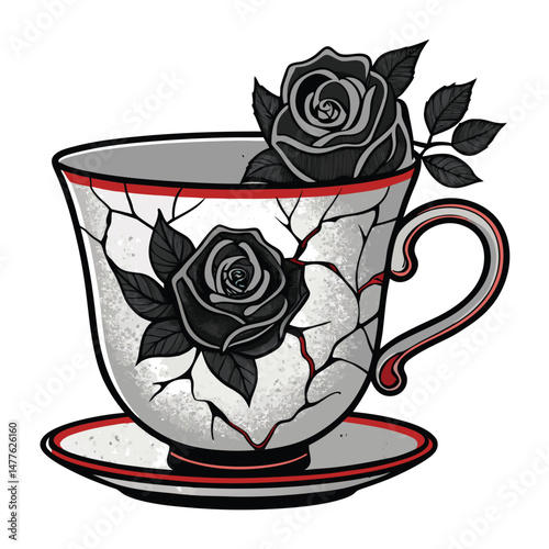 Design a gothic-style teacup logo; cracked porcelain texture, dark color palette, elegant 'b' initial subtly incorporated.  Focus on Victorian-era aesthetic.