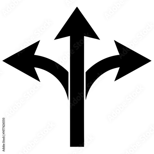 Three way direction arrow silhouette vector illustration