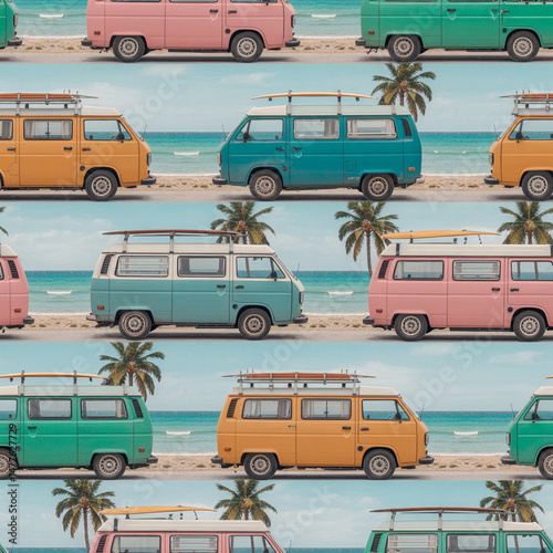 Colorful camper vans on beach road summer adventure pattern design