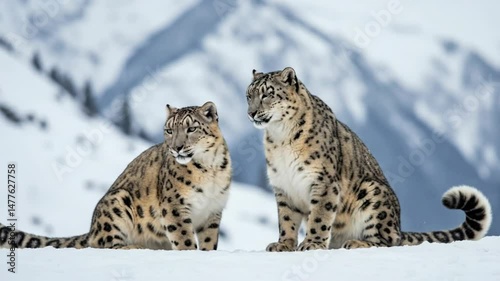 Two snow leopards pair sitting together in snowy mountain landscape. Couple of leopards touching heads, bonding and showing affection. International Day of the Snow Leopard, 23 October.