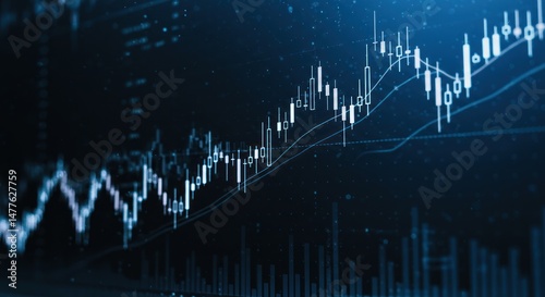 A stock market chart displays upward trending lines in a dark blue setting.