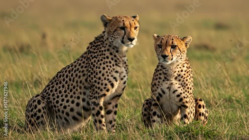 Cheetah pair in African savanna grassland during golden hour. Two wild cheetahs couple bonding, then looking alert. Big cats showing tenderness. Vulnerable species. International Cheetah Day