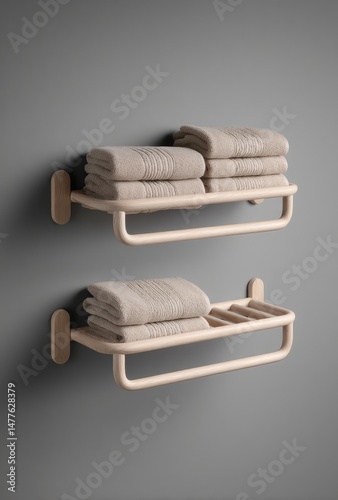 Two light beige wall-mounted towel racks.  Organized folded towels displayed