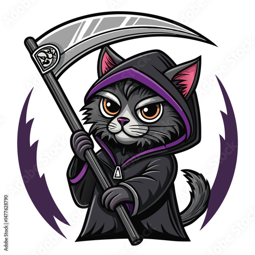 Create a bold, graffiti-style illustration of a Grim Reaper cat wielding a scythe.  Focus on sharp lines and vibrant, contrasting colors.