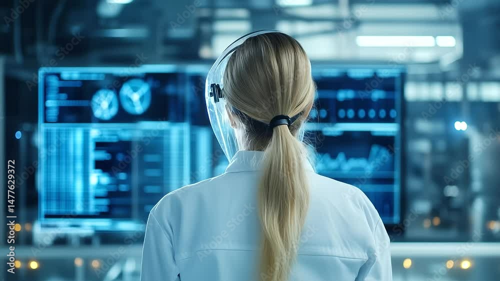 A back view of a woman in safety gear, observing the automated manufacturing process through digital screens, analyzing and optimizing the production data for efficient workflow in A back view of a woman in safety gear, observing the automated manufacturing process through digital screens, analyzing and optimizing the production data for efficient workflow in