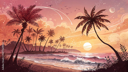 Tropical Paradise: A tranquil illustration captures the serene beauty of a tropical beach at sunset, with silhouetted palm trees swaying gently as the sun dips below the horizon. 
