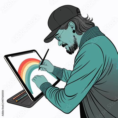 A graphic designer meticulously uses a stylus on a digital tablet screen, creating vibrant vector art.  Close-up shot emphasizing the designer's focused expression and skillful hand movements.