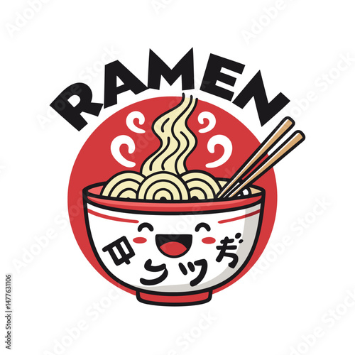 A smiling ramen bowl with chopsticks, steam rising, whimsical illustration style.  Focus on happy expression and deliciousness.