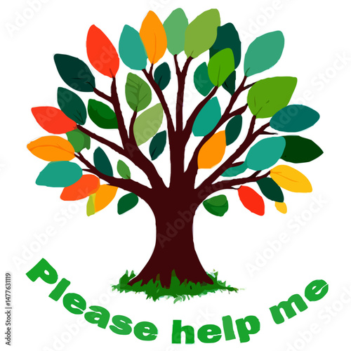 Colorful Tree with "Please help me" Text