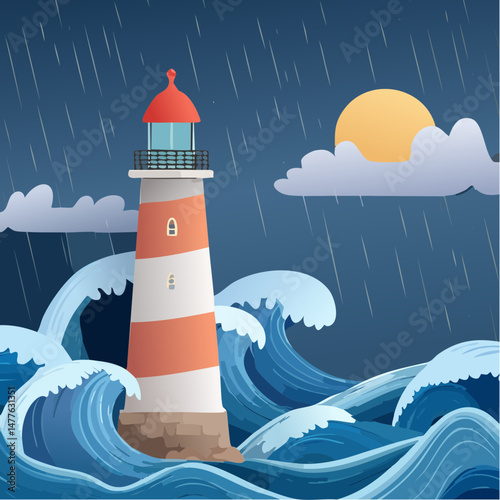 Vector Image of Lighthouse on a Stormy Dark Night