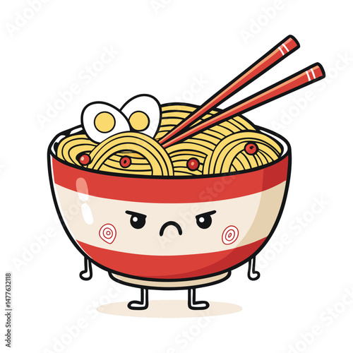 A steaming bowl of ramen, anthropomorphized with tiny chopsticks for arms, wearing a grumpy, scowling expression.  The broth should be rich and flavorful.