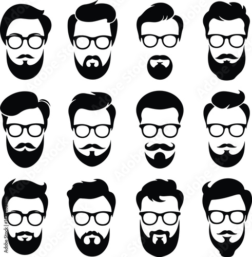 Beard, Mustache & Sunglasses Silhouette Set | Hipster Style Icon Pack Men's Facial Hair & Shades Vector Silhouettes | Cool Style Set