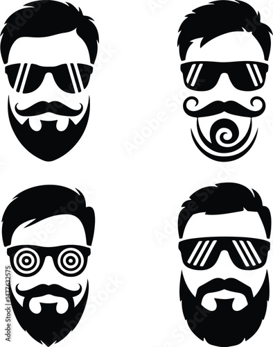 Beard, Mustache & Sunglasses Silhouette Set | Hipster Style Icon Pack Men's Facial Hair & Shades Vector Silhouettes | Cool Style Set