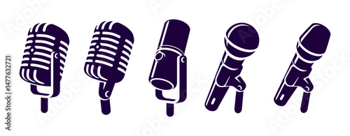 Microphone icons set. Karaoke and podcast logos. Retro and modern mike symbols vector illustration