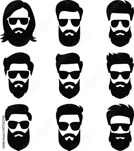 Beard, Mustache & Sunglasses Silhouette Set | Hipster Style Icon Pack Men's Facial Hair & Shades Vector Silhouettes | Cool Style Set