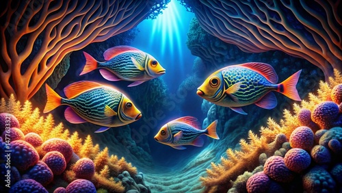 Vibrant Reef Inhabitants Swimming Gracefully Amidst Lush Coral Formations Underneath a Sunlit Ocean