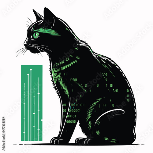 A stylized glitch art cat, eyes glowing, emerges from digital shadows; vibrant, pixelated fur, neon accents.