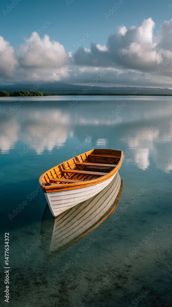 Obraz premium Serene rowboat reflection on tranquil waters