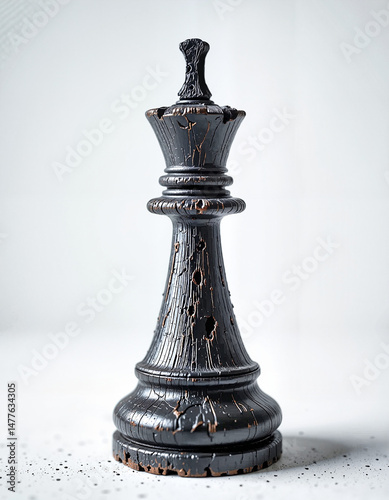 Old cracked black king chess piece on a light background