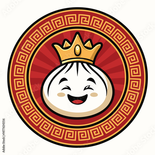 A cheerful dim sum character wearing a golden crown, nestled inside a circular badge design.  Illustrate a joyful, celebratory mood.