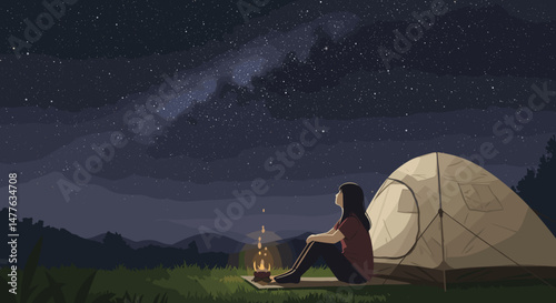 A woman sits by a fire under the starry sky at night and looks at the stars admiring the night sky