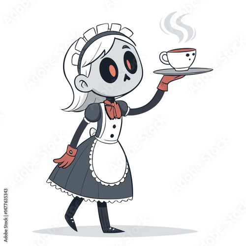 Ethereal Victorian maid, haunted expression, floating chipped teacup, spectral wisps, dimly lit hallway, gothic horror.