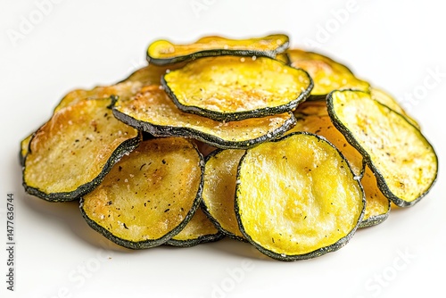 Baked zucchini chips product shot on bright white background nicely lit