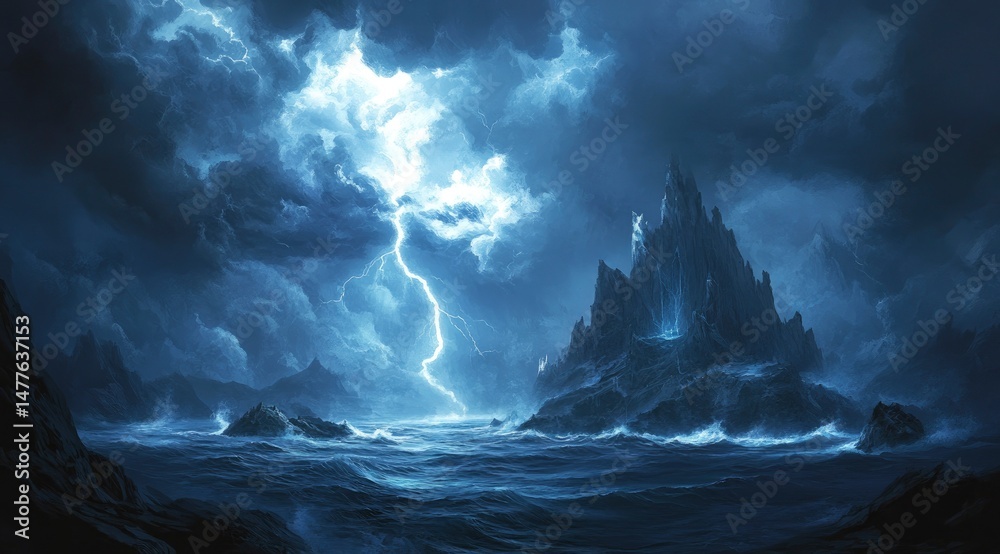 Fototapeta premium Stormy Seascape: Dramatic Rock Island Under Thunderous Sky