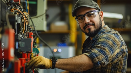 A man wearing a hat and safety glasses, working on electrical equipment in a workshop, with a focus on the wires and machinery.