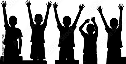 set of Children raising hands in classroom silhouette
