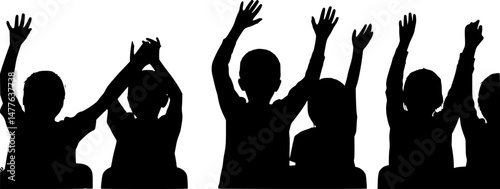 set of Children raising hands in classroom silhouette
