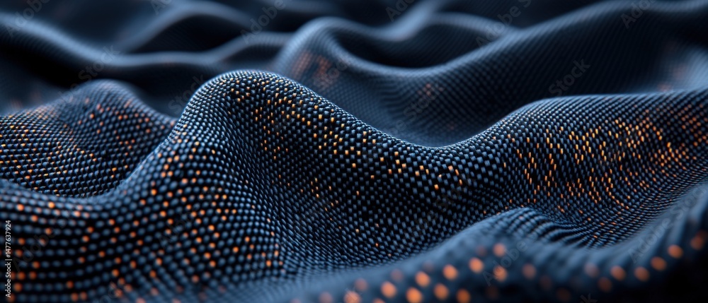 Naklejka premium A dynamic abstract surface with blue waves is illuminated by shimme golden dots close up view.