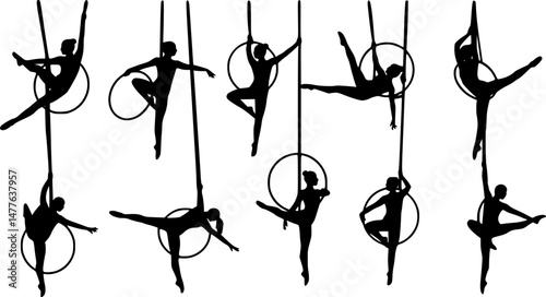 set of Aerial dancer silhouette vector illustration. Woman or girl performing on hoop.
