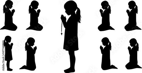 set of Little girl praying silhouette vector illustration
