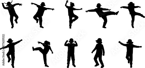 Children dancing street dance silhouette vector illustration. Hip hop, break dance, juzz funk, rap, freestyle
