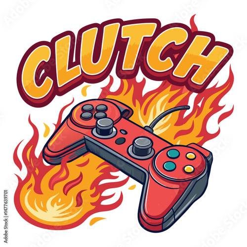 A burning joystick engulfed in flames, the word "Clutch" dramatically etched in grey ash nearby.  High-contrast, detailed imagery.