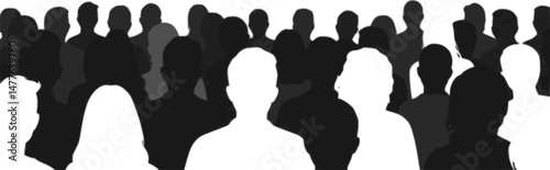 People heads silhouette. The audience sitting back view vector illustration. Back crowd.
