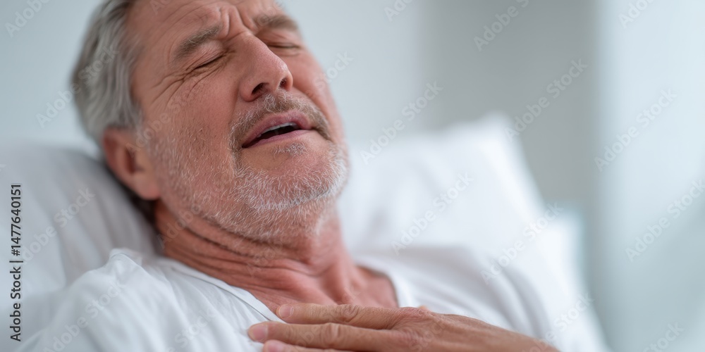 Fototapeta premium Senior man suffering chest pain while lying in bed