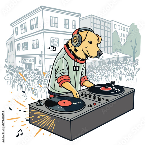 A golden Labrador Retriever DJ skillfully spinning vinyl records on a turntable, surrounded by sparks of fiery energy.