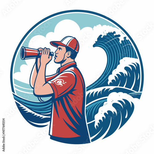 A dramatic image of a lifeguard urgently blowing a whistle amidst large, crashing ocean waves, emphasizing the urgency and danger.