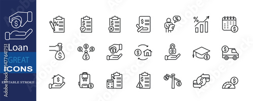Set of 21 editable thin line icons related to loan and financial services. Includes symbols such as loan approval, application form, contract, interest rate, repayment schedule, loan consolidation.